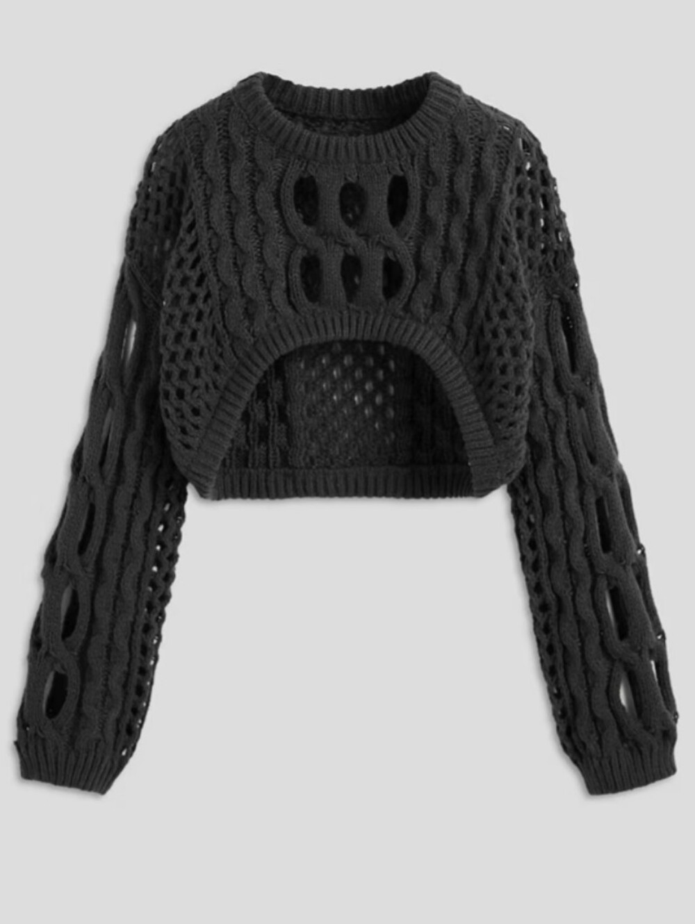 CIDER Cropped Sweater Women Knit Round Neckline Hollow Out Long Sleeve Crop Top